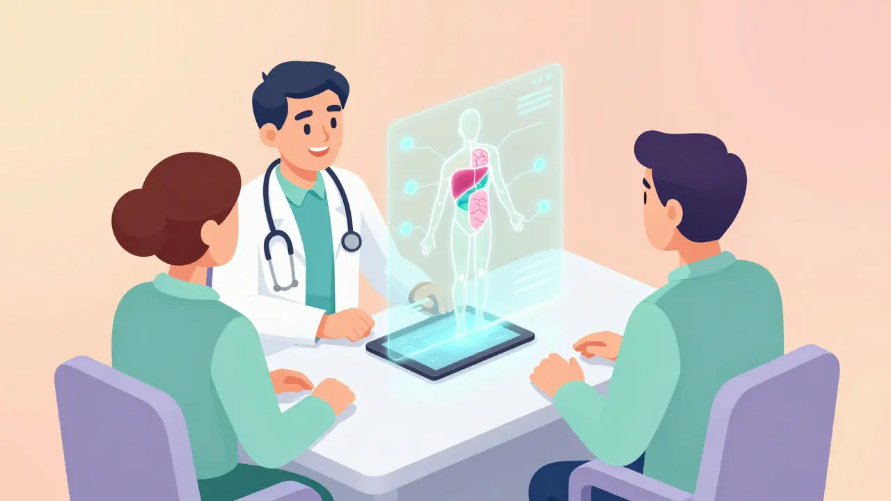 Isometric cartoon of doctor and patient viewing a holographic genetic health map