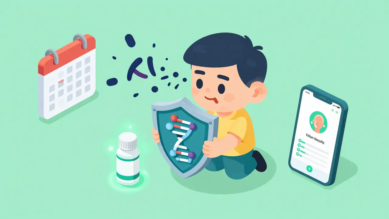 Isometric cartoon of person protecting ear with DNA shield and antioxidants from toxins