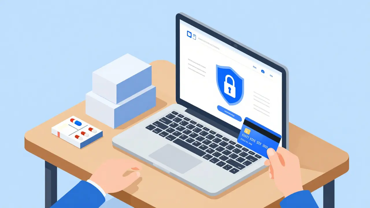 Isometric cartoon of secure online pharmacy purchase with padlock icon
