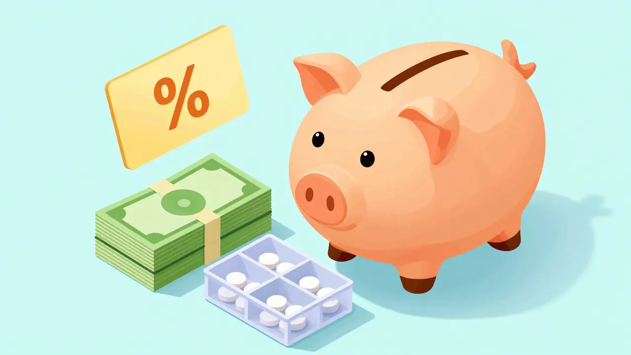 Isometric cartoon showing affordable medication and savings