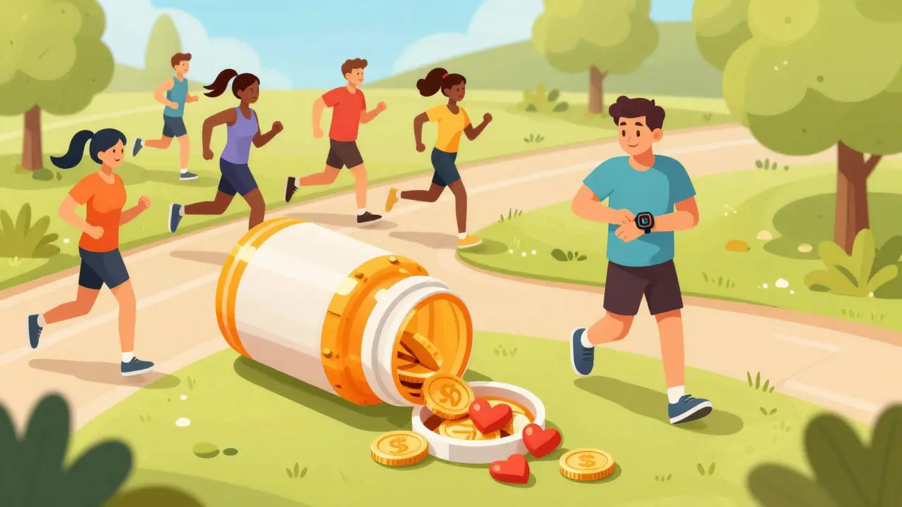 Isometric cartoon showing health and savings with open treasure chest of pills and coins.