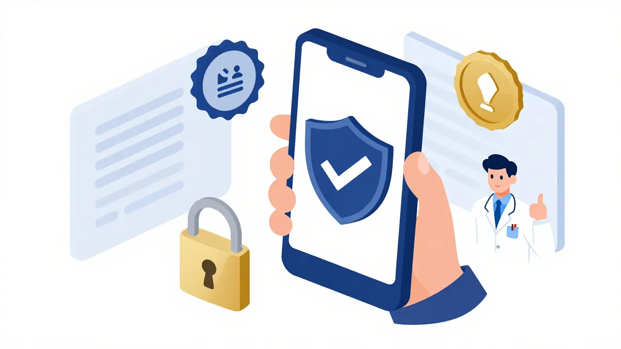 Isometric cartoon showing safe online pharmacy verification with shields and doctor approval.
