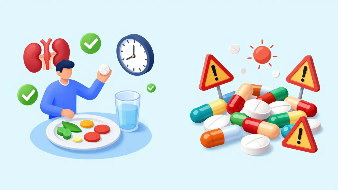Isometric graphic comparing safe pill-taking with food versus dangerous mixing of medications.