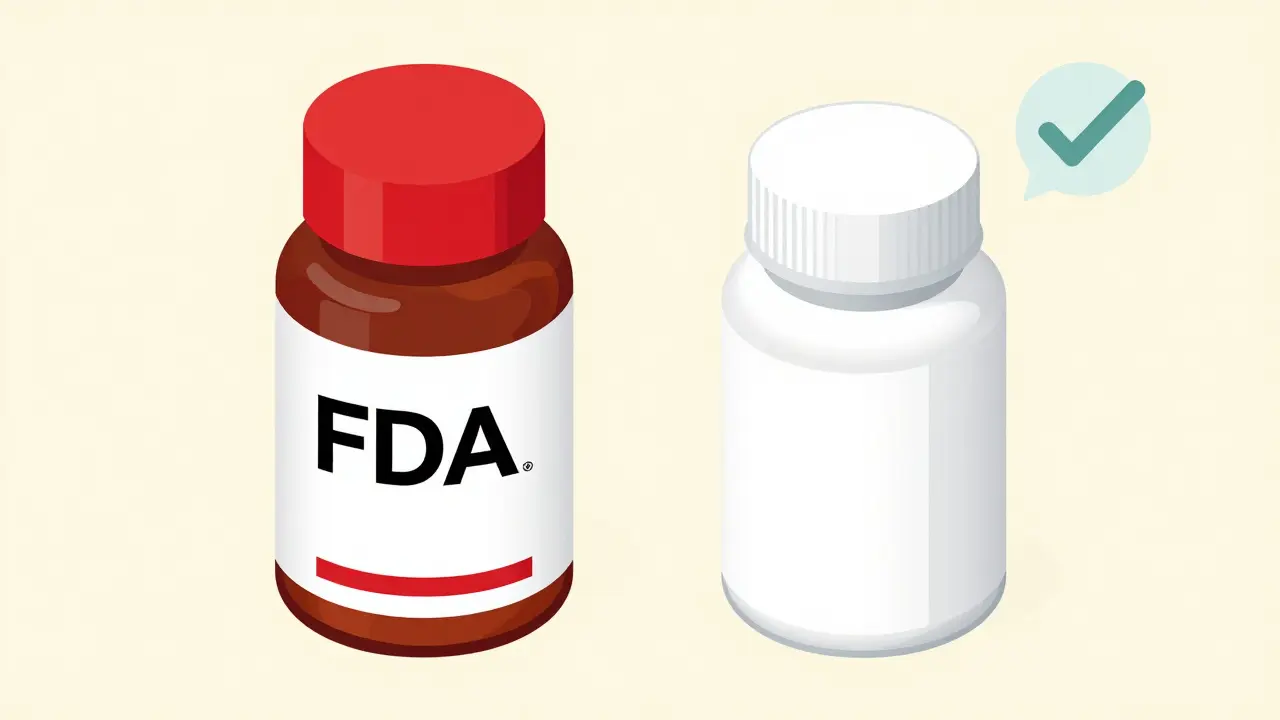 Isometric illustration comparing branded and generic medicine bottles equally