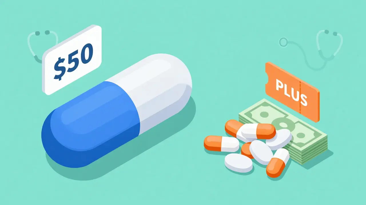 Isometric illustration comparing costly brand drugs with affordable generic pills and savings.