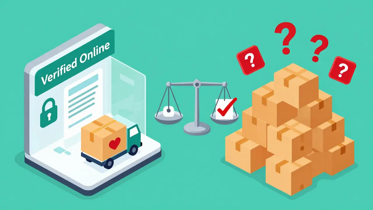 Isometric illustration comparing safe verified online pharmacy with risky scam sources.
