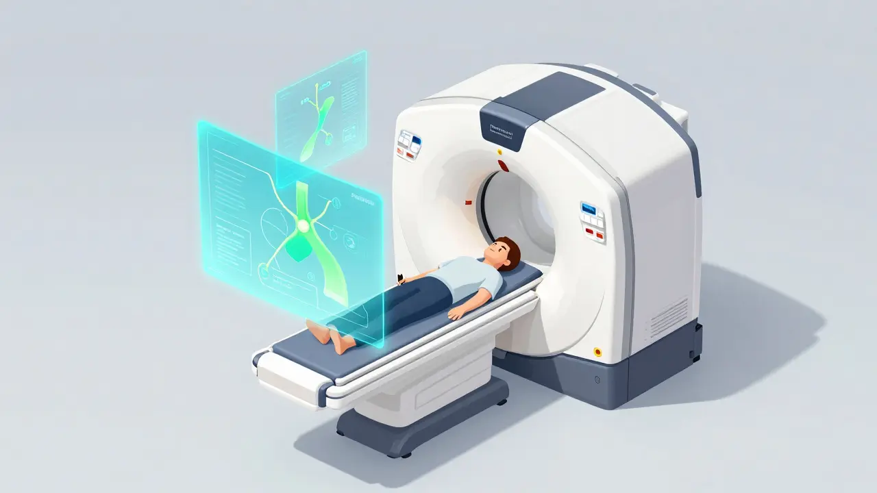 Isometric illustration of a xenon MRI scanner visualizing gas exchange in lungs