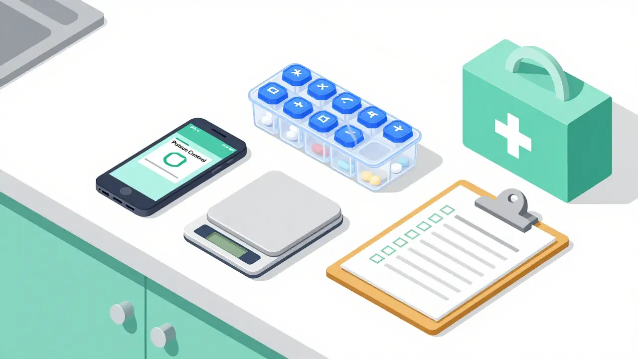 Isometric illustration of emergency prep items like phone and pill bottles.