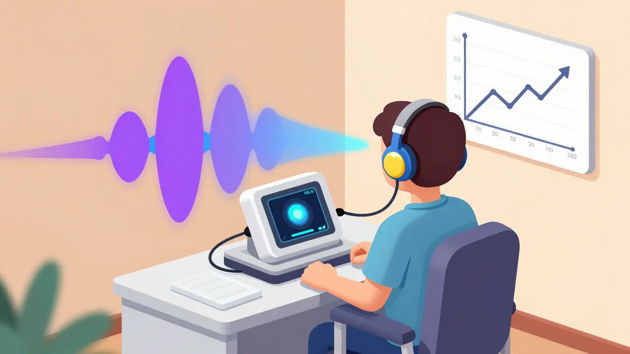 Isometric illustration of patient undergoing high-frequency hearing test with glowing sound waves
