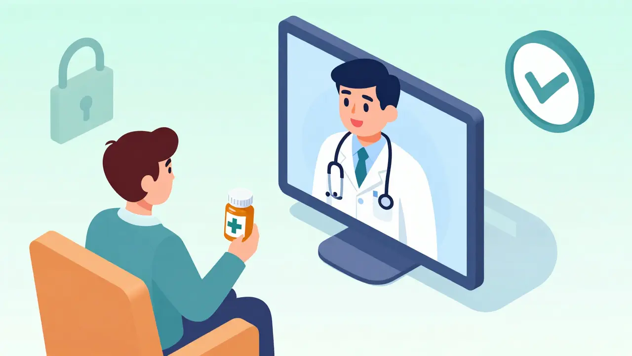 Isometric illustration of telemedicine consult and prescription