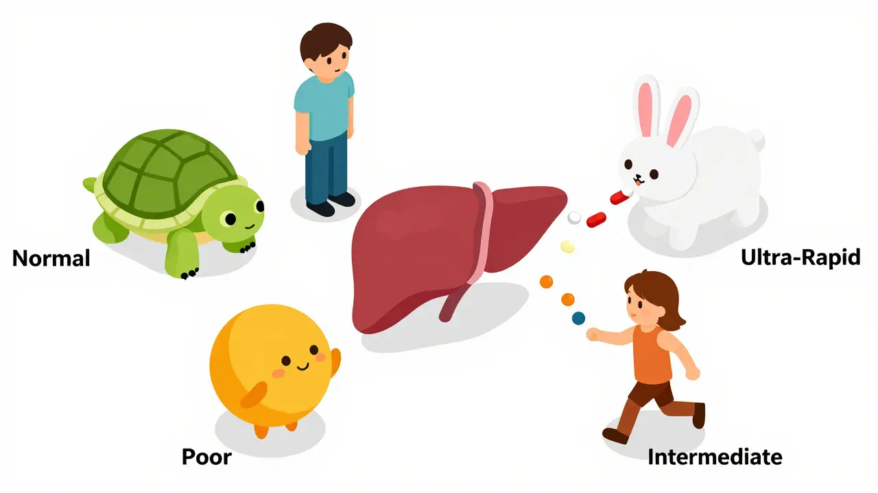 Isometric illustration showing four characters representing different drug metabolism speeds
