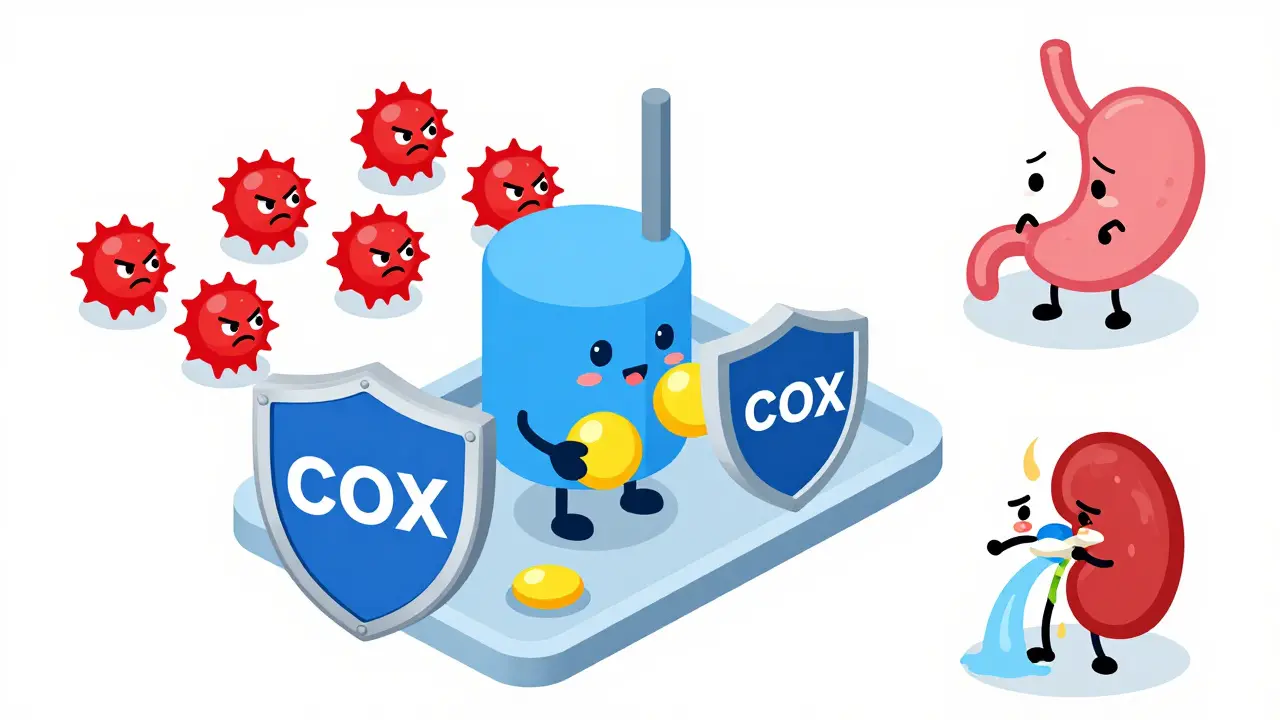 Isometric illustration showing how NSAIDs block enzymes but risk stomach and kidney health.