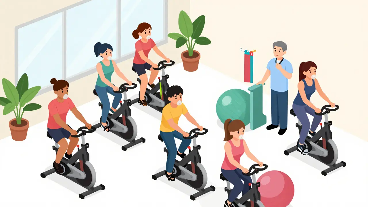 Isometric scene of patients doing pulmonary rehab exercises with a therapist