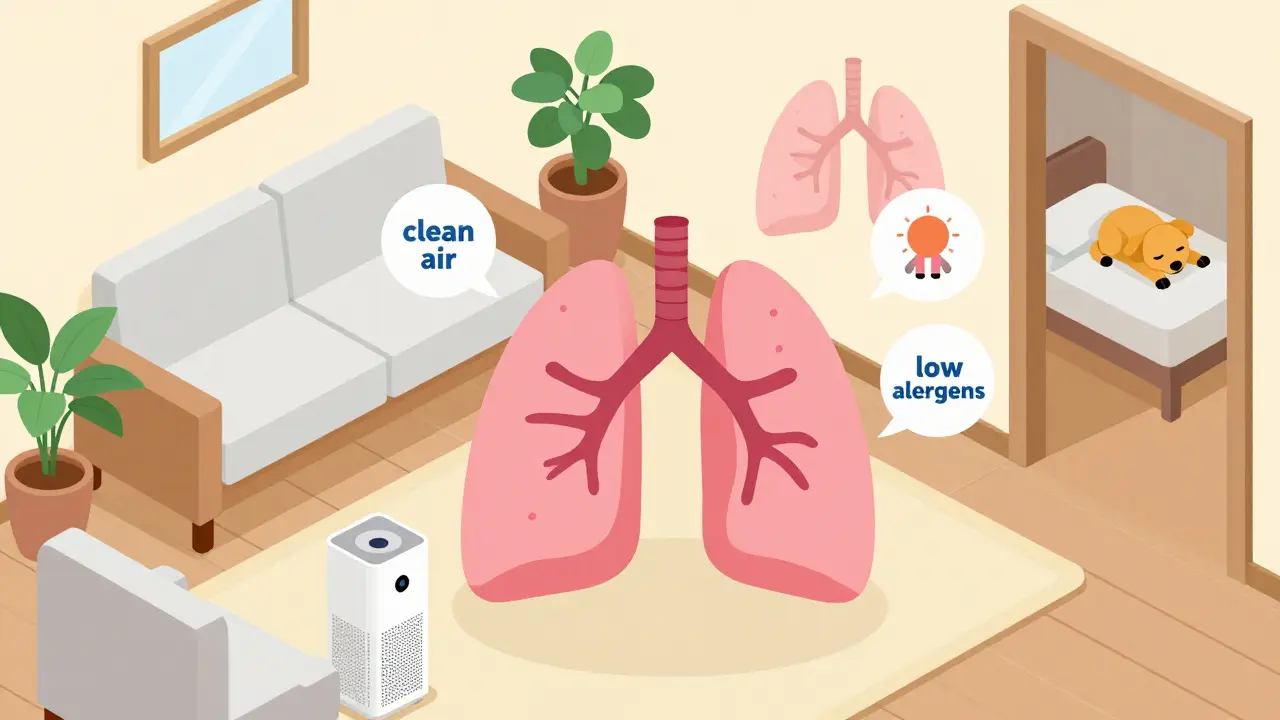 Isometric view of an asthma-friendly home with air purifier and clean space