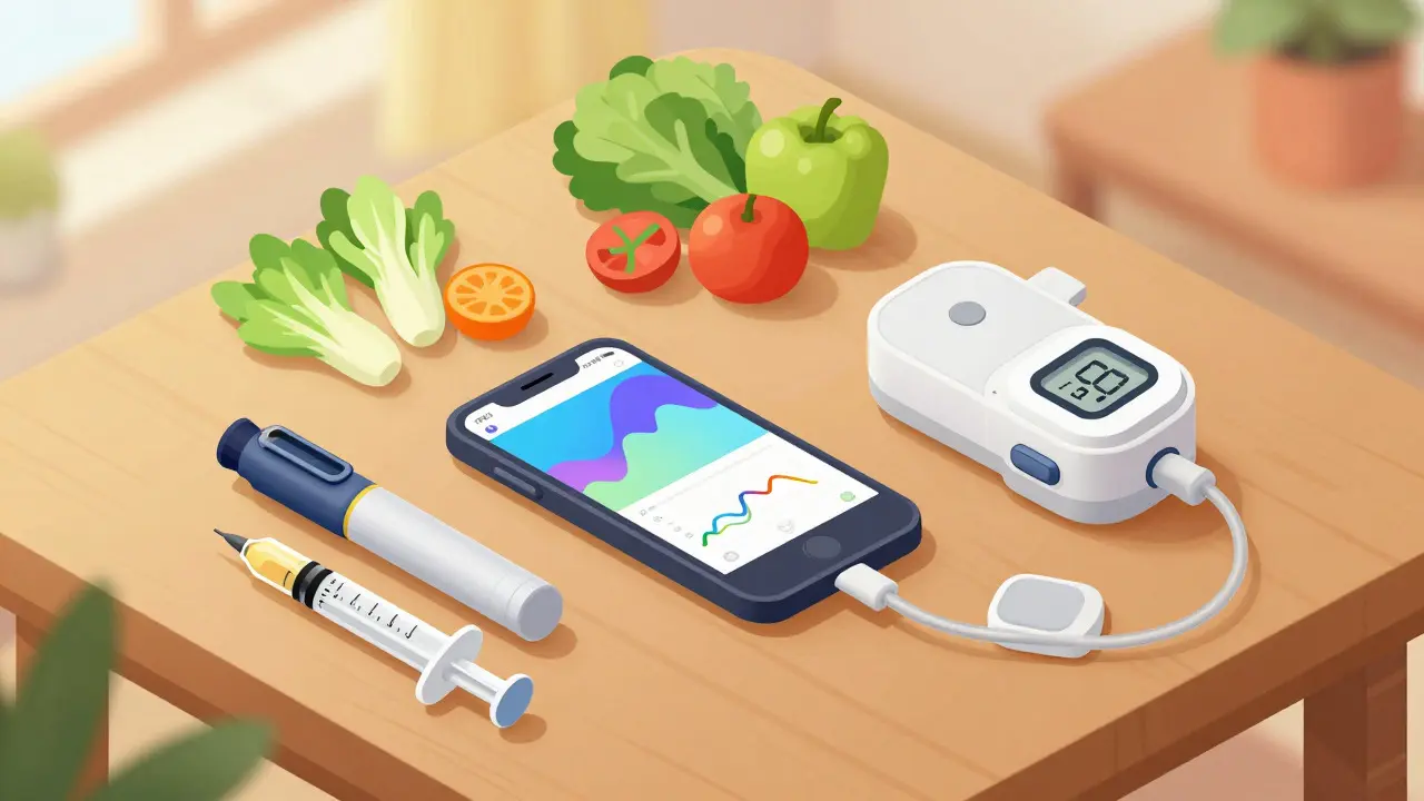 Isometric view of insulin pump, CGM, and pen for diabetes care