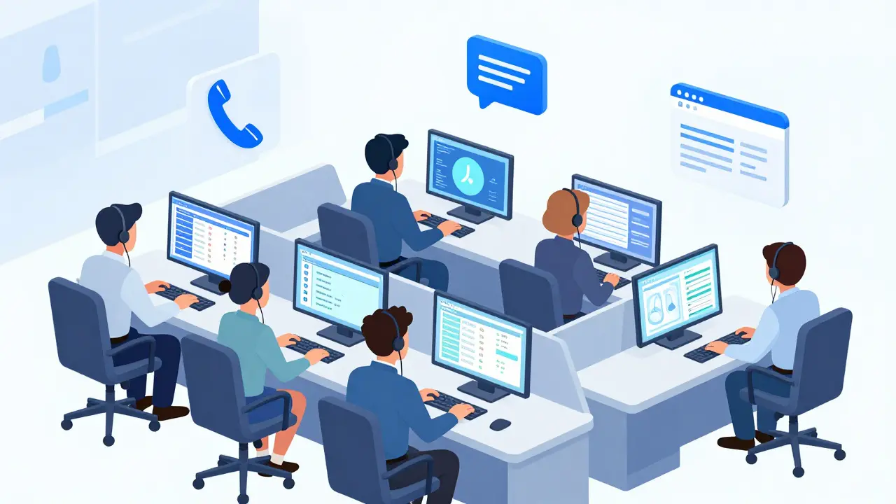 Isometric view of poison control specialists working at desks with tech icons.