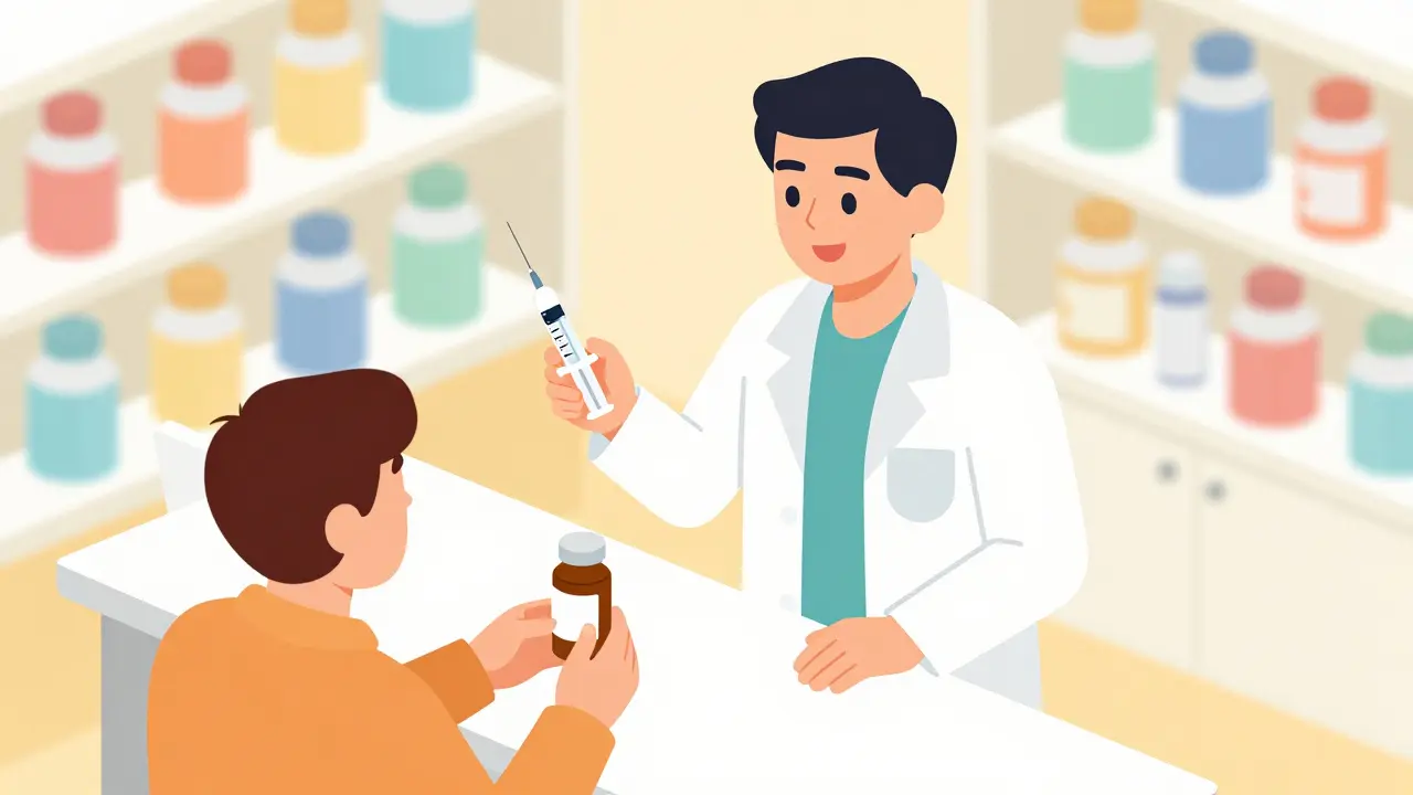 Pharmacist teaching patient how to measure liquid medication dose