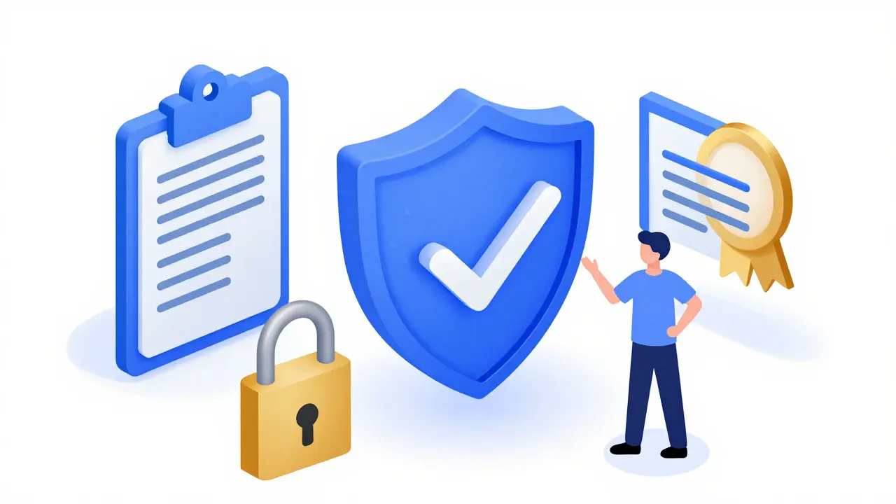 Shield and icons representing safe online prescription process