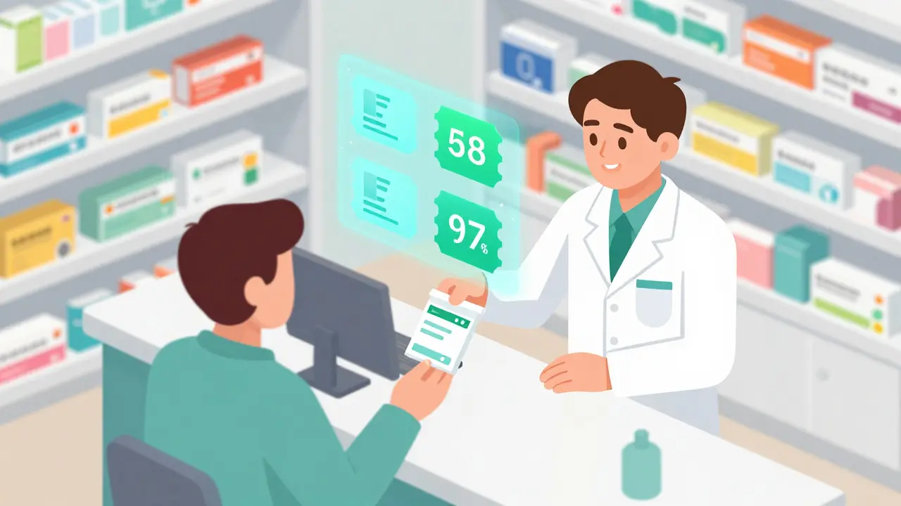 Cartoon isometric view of a pharmacist handing over medication with digital discount icons