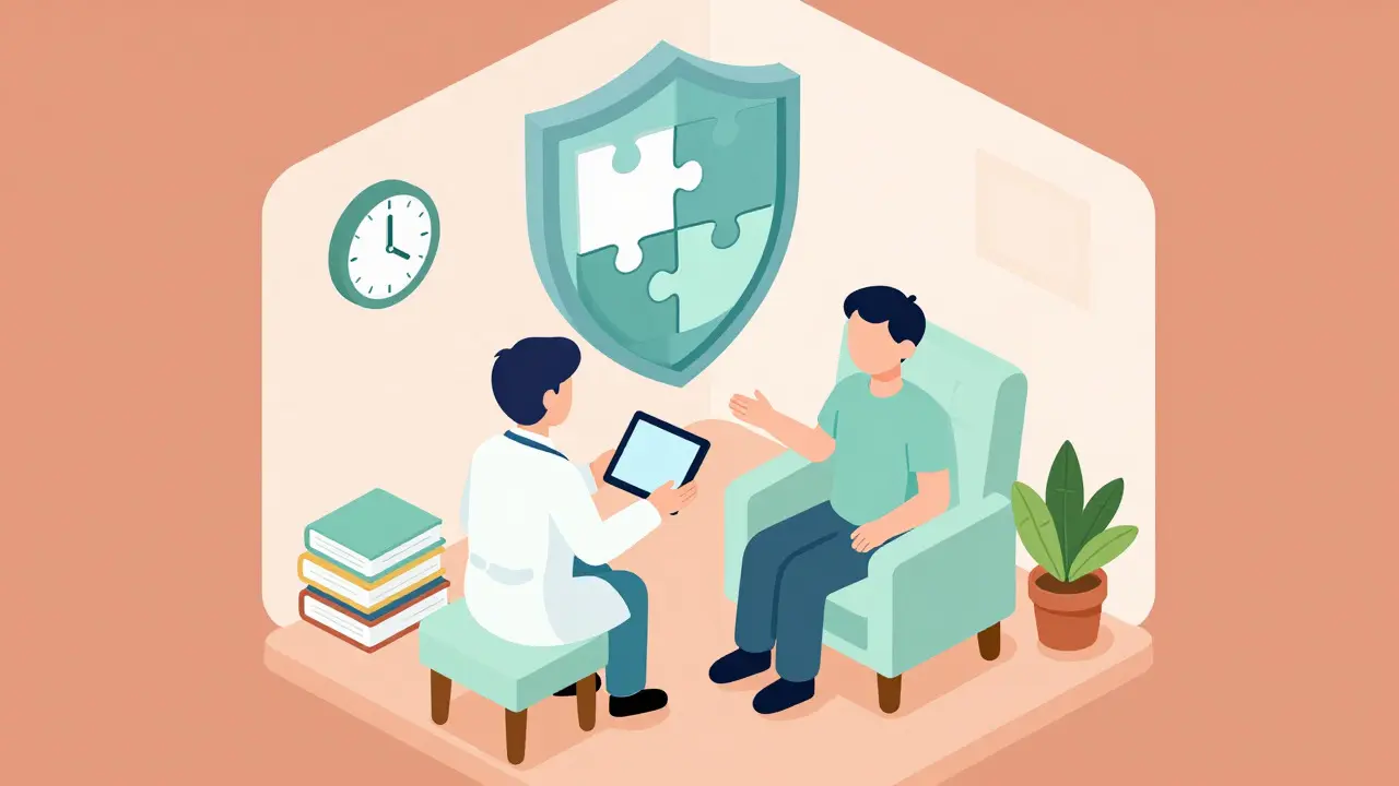 Cartoon scene of a patient and doctor in a cozy room with a protective shield overhead