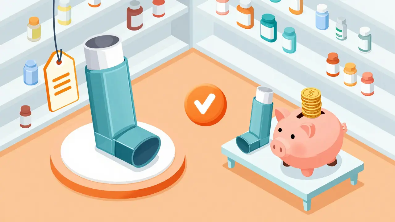 Comparison of expensive brand inhaler versus affordable generic option with savings
