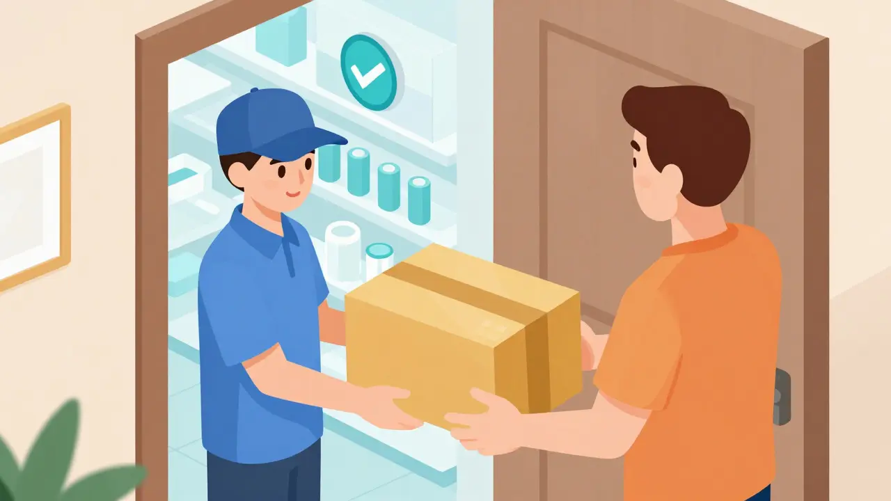 Courier delivering a medication package to a patient's doorstep