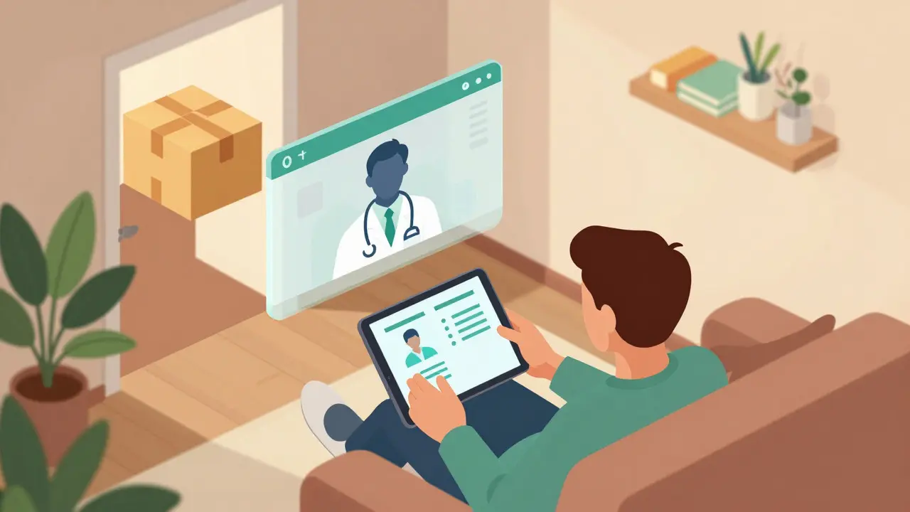 Illustration of a person using telehealth on a tablet with a package arriving at their door