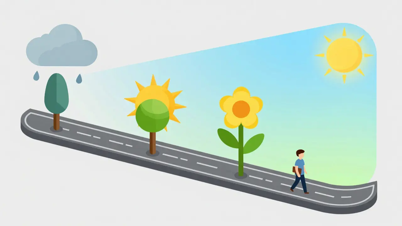 Illustration of a timeline road showing stages of antidepressant effectiveness from rain to sunshine