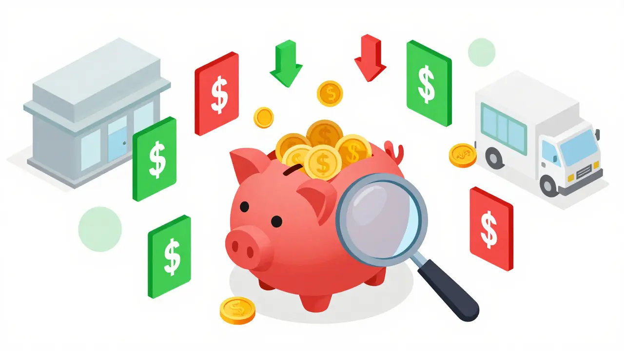 Isometric cartoon of a heart-shaped piggy bank with coins illustrating medication savings.