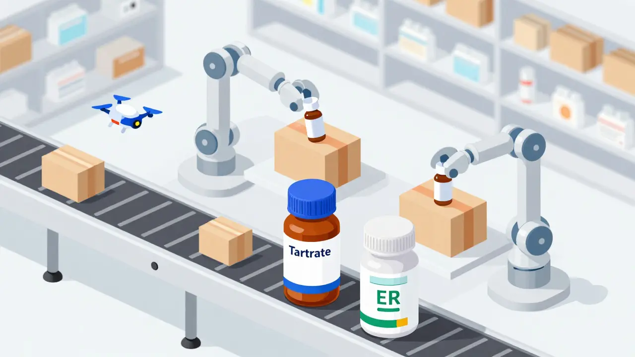 Isometric cartoon of online pharmacy packing Metoprolol Tartrate and Succinate medications.