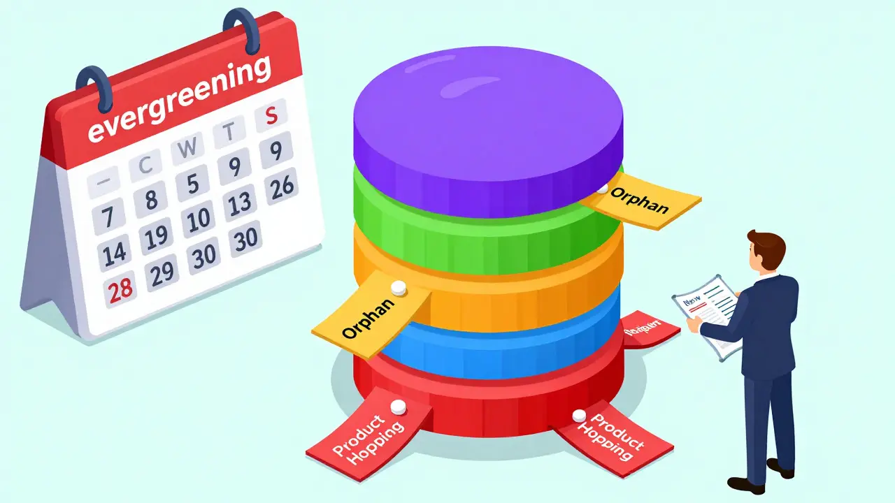 Isometric cartoon showing layers of exclusivity wrapping a drug