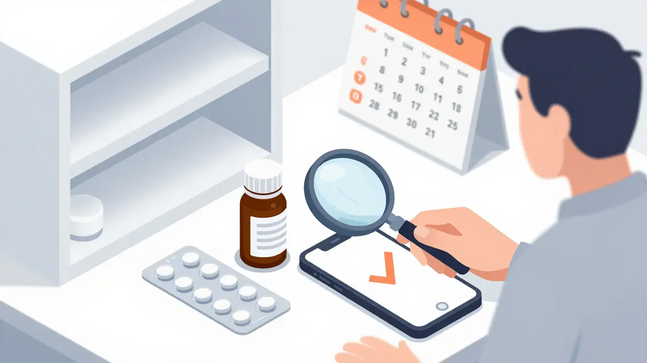 Isometric illustration of a patient verifying a medication bottle with a magnifying glass