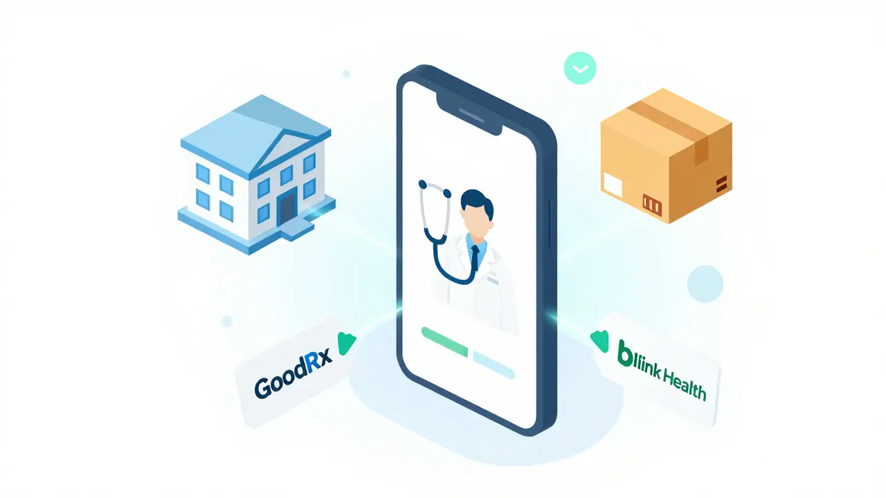 Isometric illustration of a phone connecting to pharmacy and doctor icons