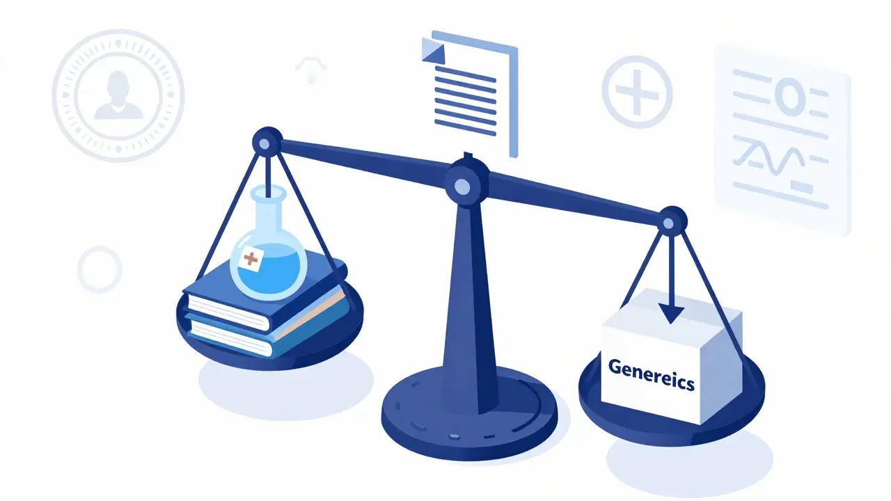 Isometric illustration of a scale balancing innovation and generics
