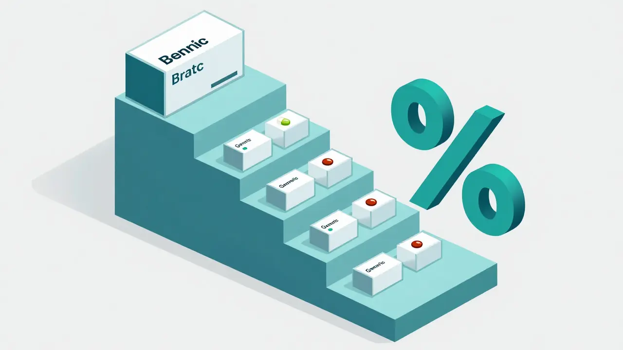 Isometric illustration of descending stairs made of medicine boxes showing price drops