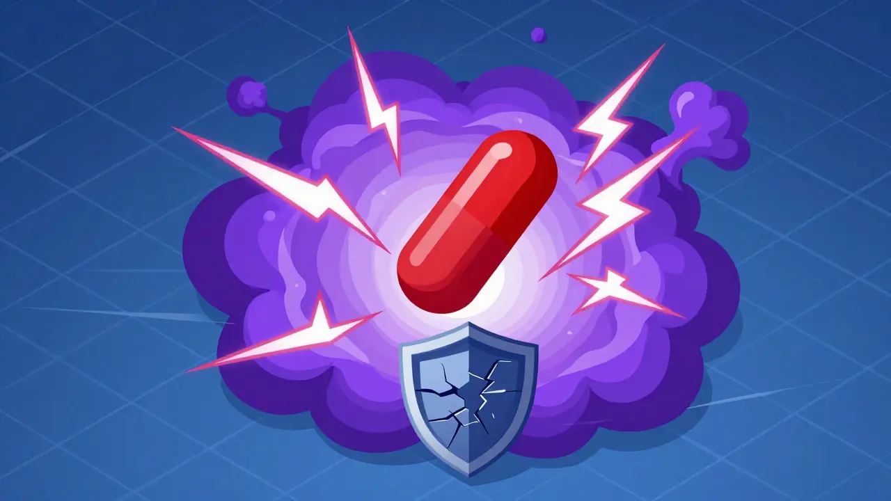 Isometric illustration of unpredictable Type B drug reaction with lightning