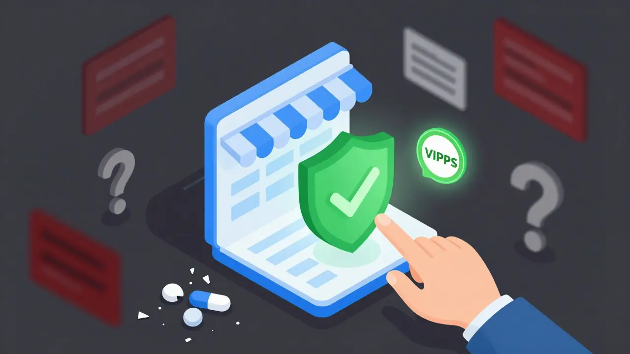 Isometric illustration showing verified pharmacy vs illegal online sites