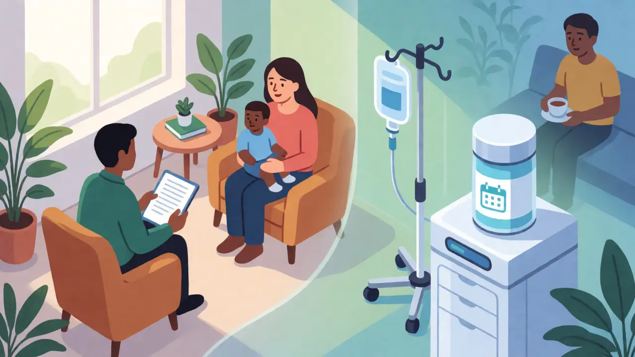 Isometric scene of therapy sessions alongside medication treatments for PPD.