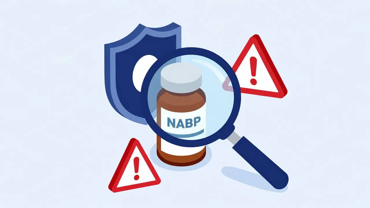 Isometric view of a magnifying glass inspecting a medicine bottle for safety