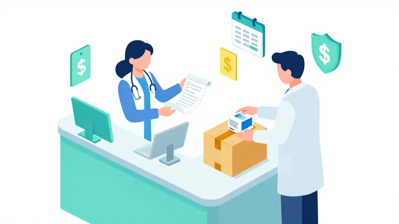 Isometric view of a pharmacist preparing a medication package for online delivery