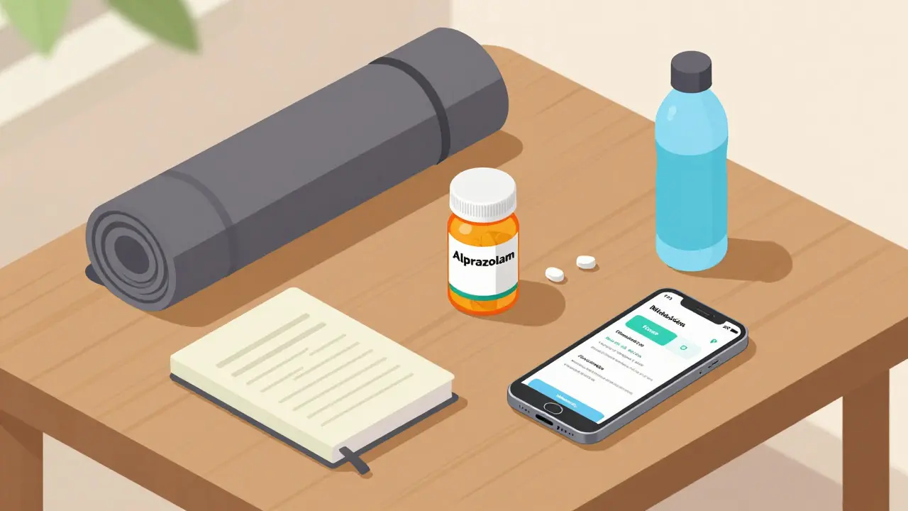 Isometric view of anxiety management tools including meds and therapy