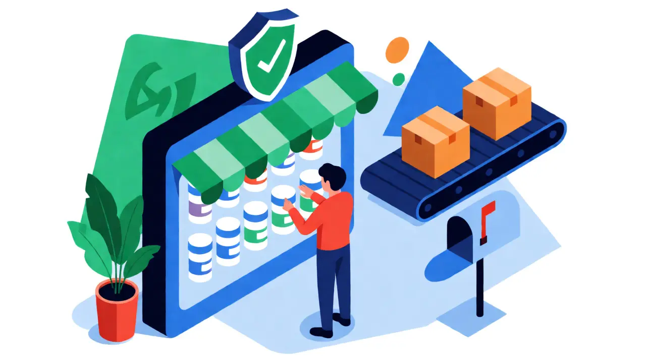 Isometric cartoon showing secure online pharmacy shopping with safety shields and delivery boxes