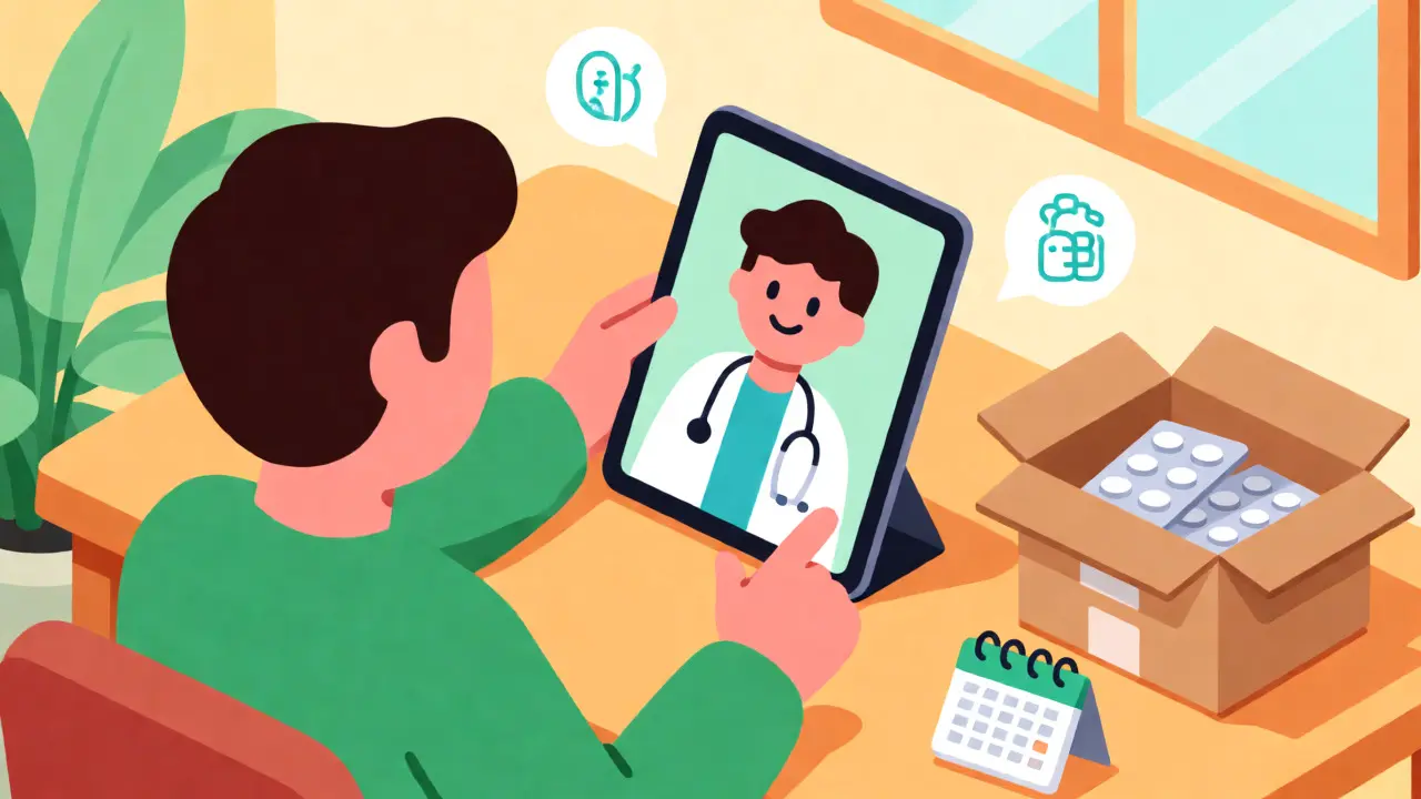 Isometric illustration of a patient doing a telehealth video consult and receiving pill delivery